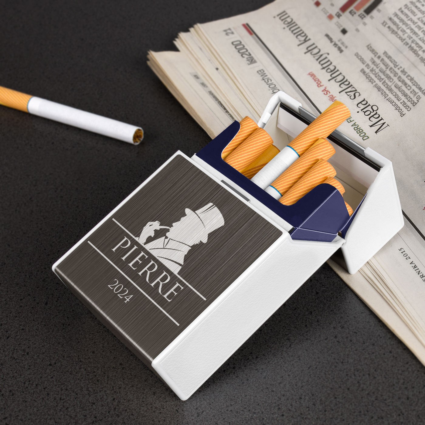 Estuche de cigarrillos Murrano con encendido USB y grabado para caballeros