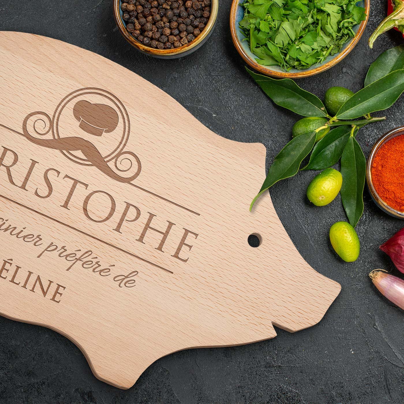 Planche à découper en bois personnalisée en forme de cochon Murrano