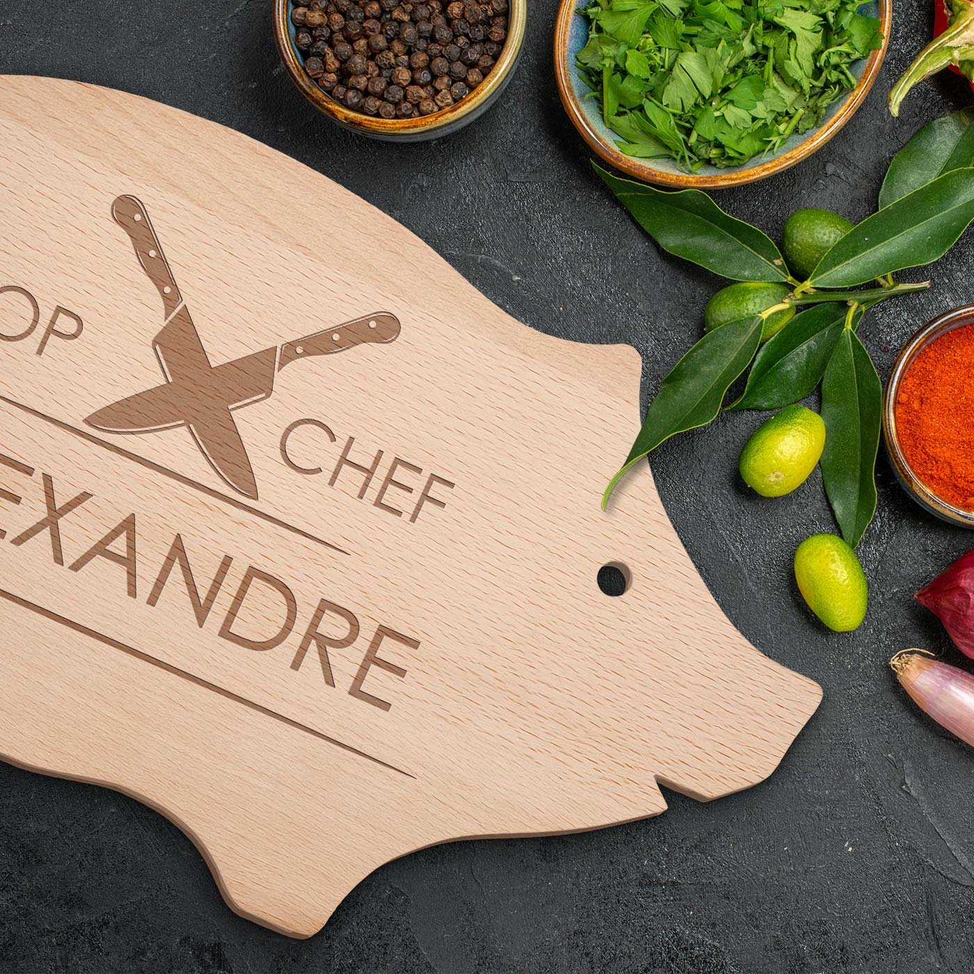 Planche à découper personnalisée en forme de cochon Murrano pour l'anniversaire d'un chef