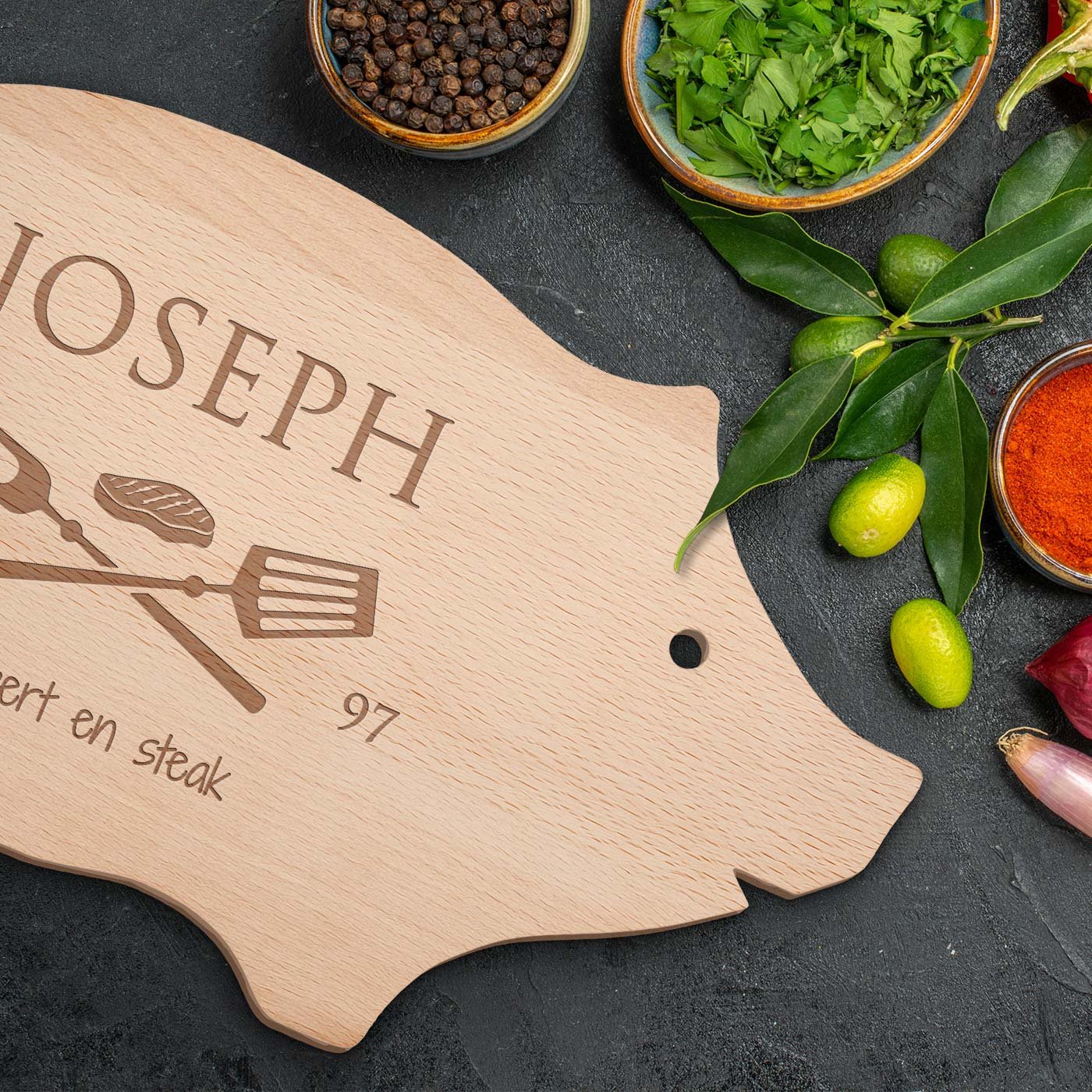 Planche à découper personnalisée en forme de cochon Murrano pour l'anniversaire de papa