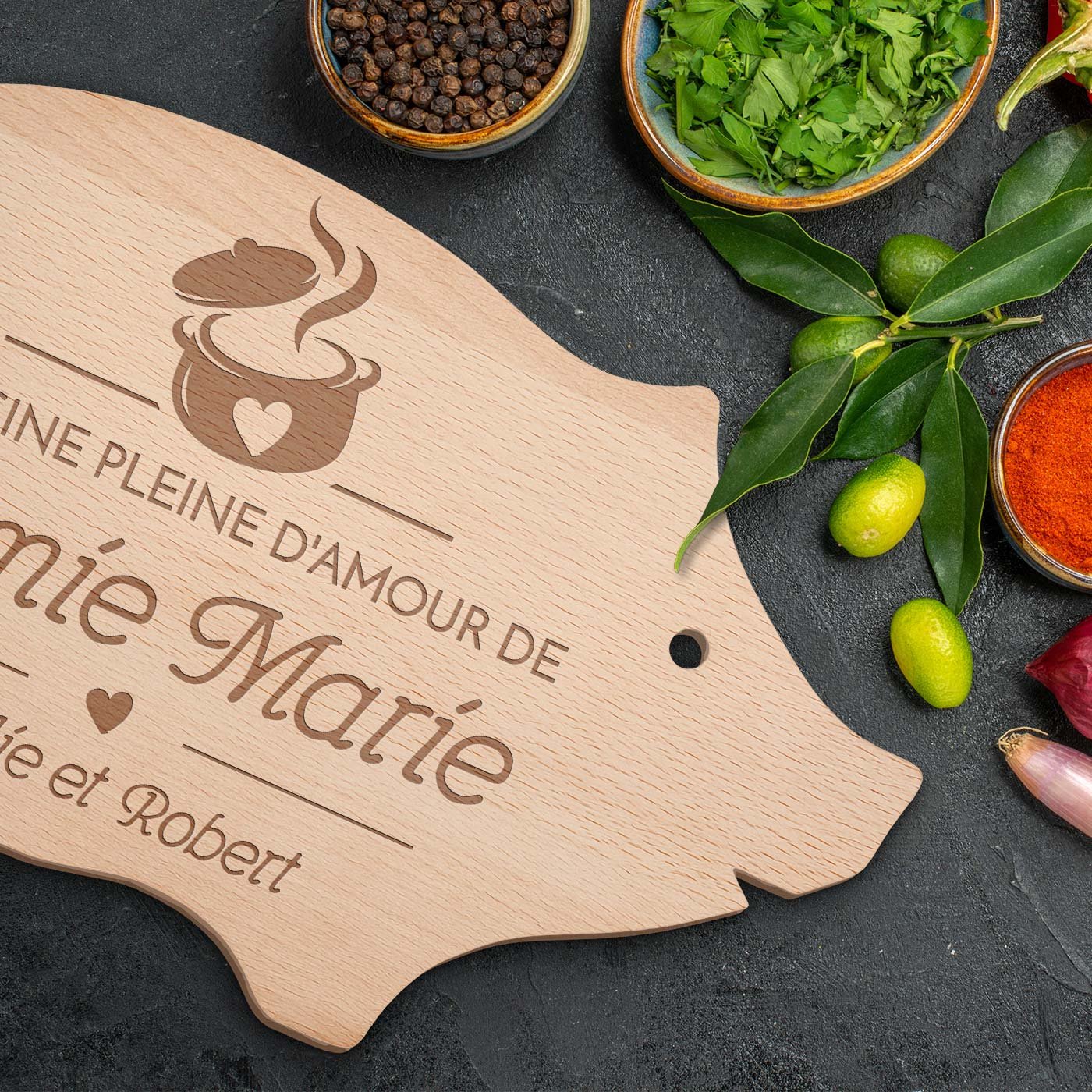 Planche à découper personnalisée en forme de cochon Murrano pour la fête des grands-mères
