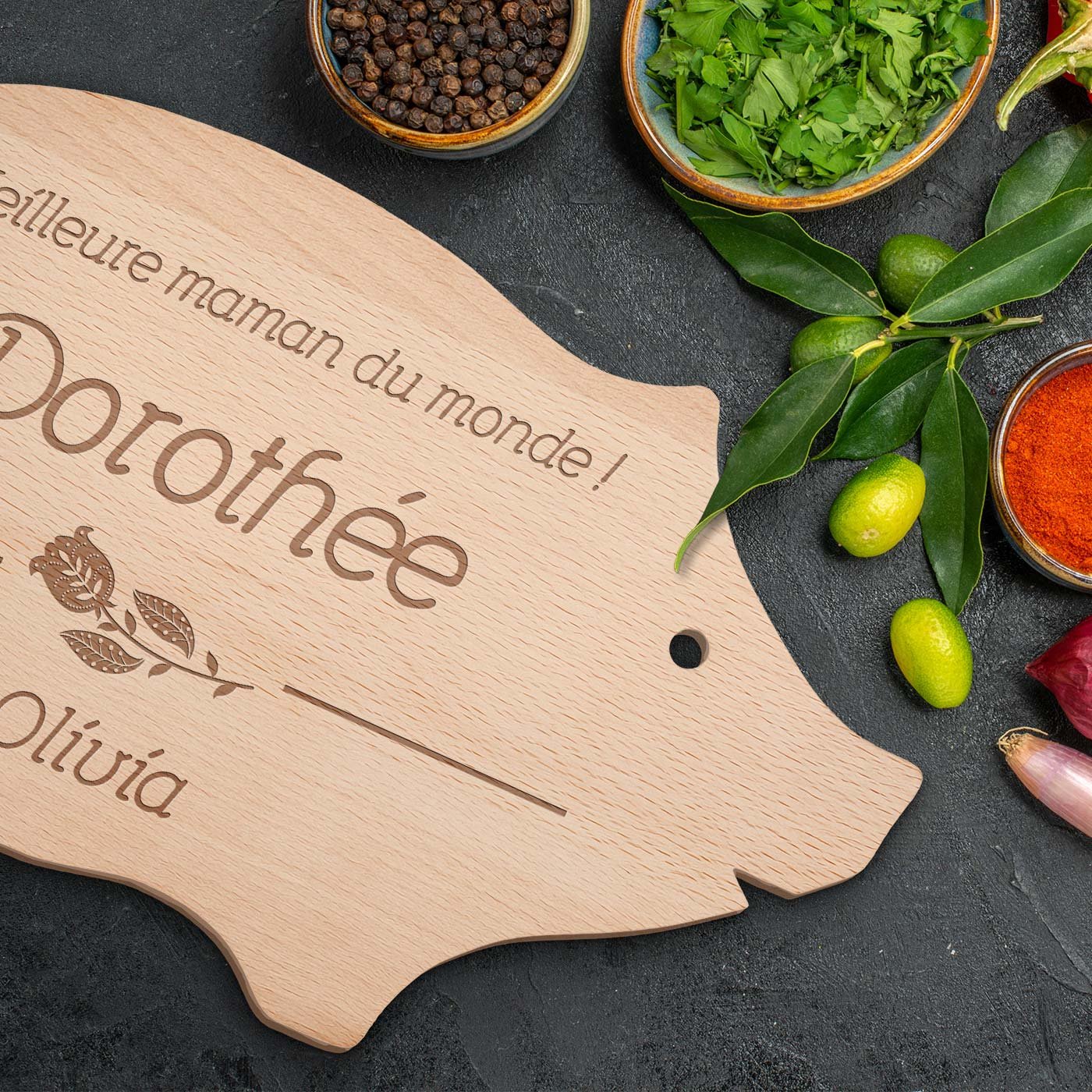 Planche à découper en bois personnalisée en forme de cochon Murrano pour la fête des mères