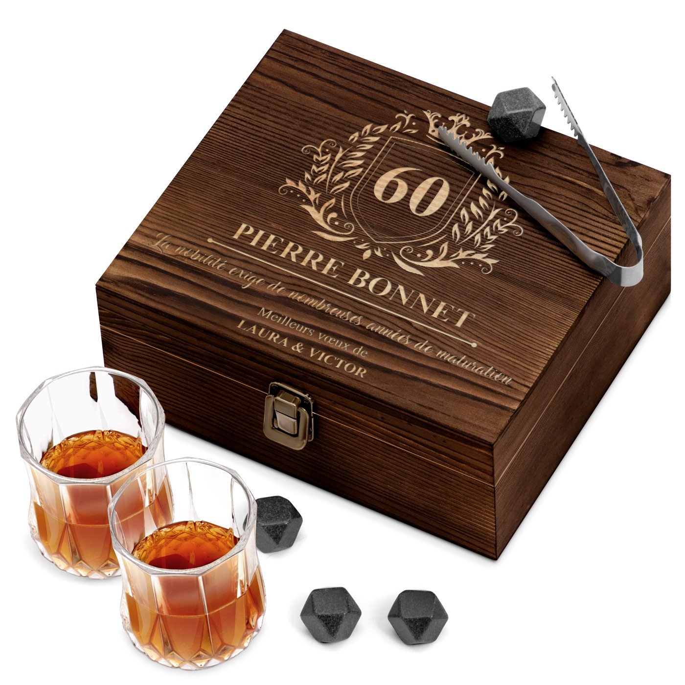 Murrano Whisky Stone Set with 2 Glasses in Customized Box for Men's 60th Birthday