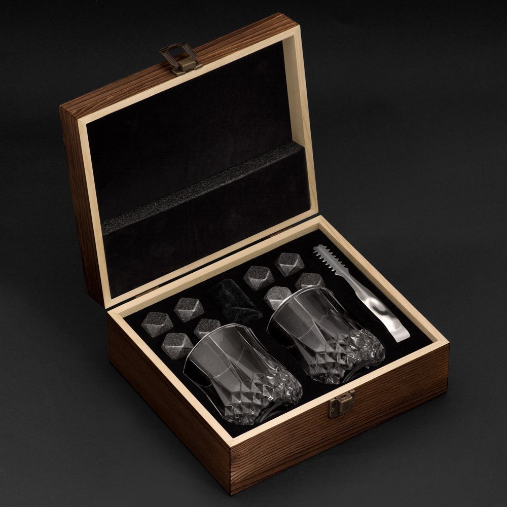 Murrano Whisky Stone Set with 2 Glasses in a Personalized Wood Box