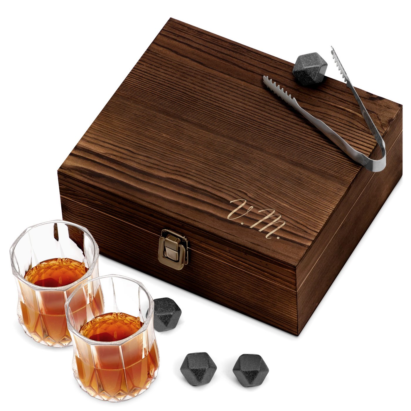 Murrano Whisky Stone Set with 2 Glasses in a Custom Wood Box for a Friend on Valentine's Day