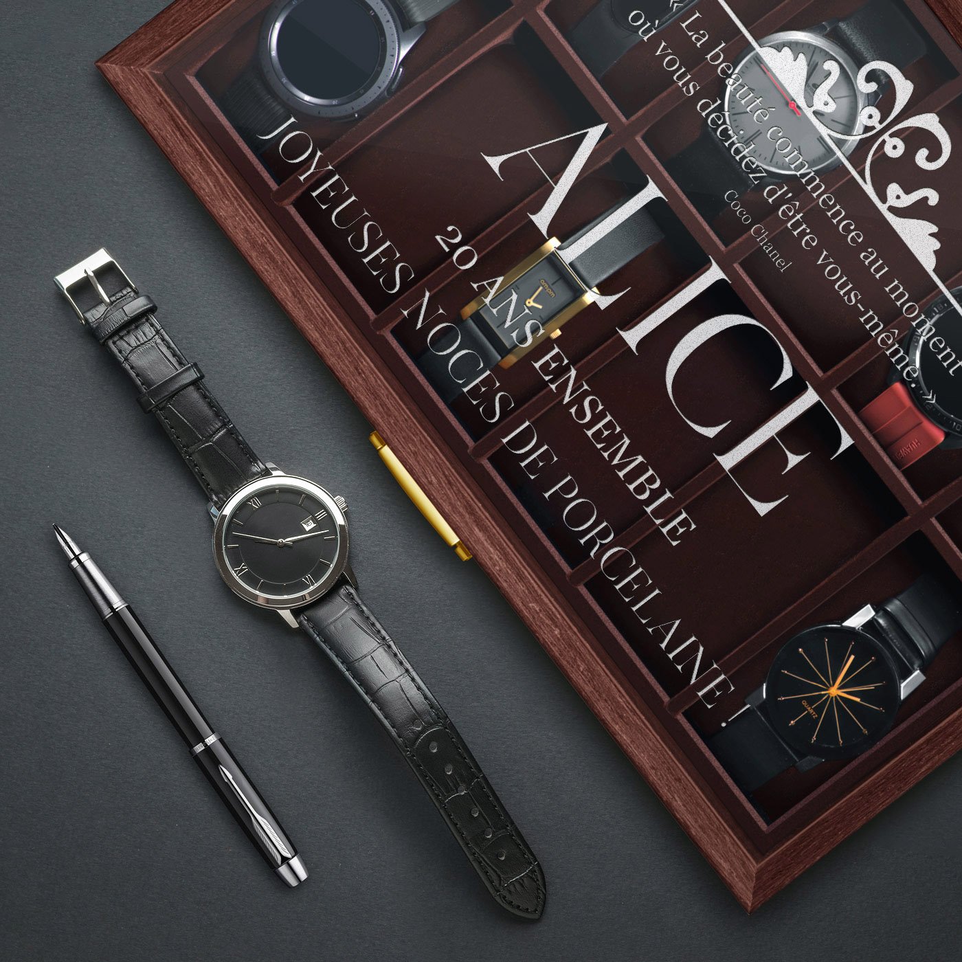 Caja para 12 relojes Murrano con grabado para el 20º aniversario de boda