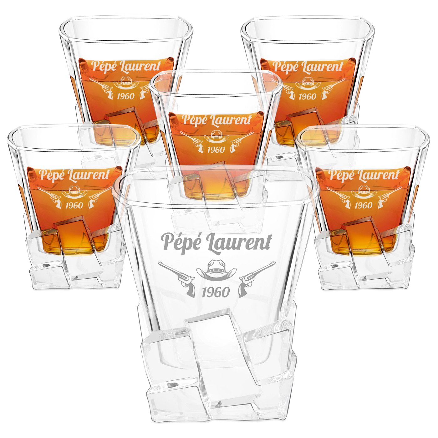 Juegos de vasos de whisky Murrano Ice Blink - Conjunto personalizado de 6 para el cumpleaños de abuelo
