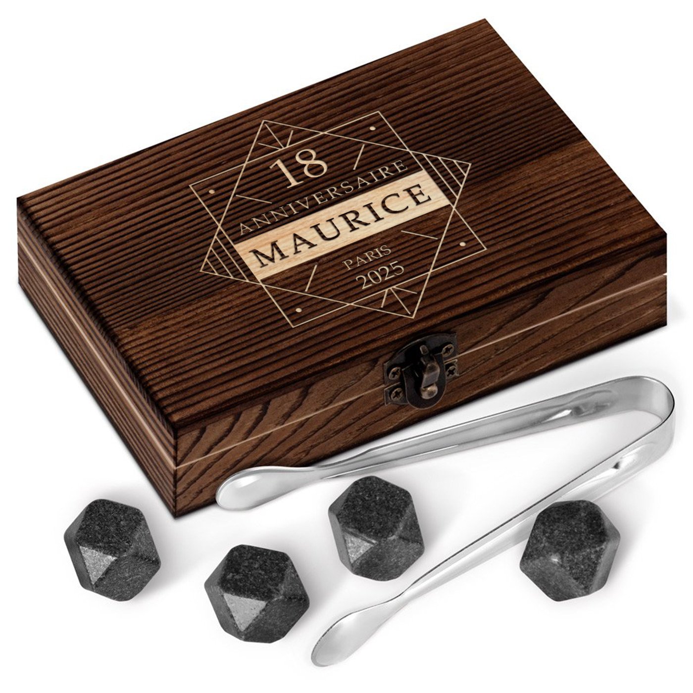 Murrano Whisky Stones Set in Wood Box with Engraving for a Young Man's 18th Birthday