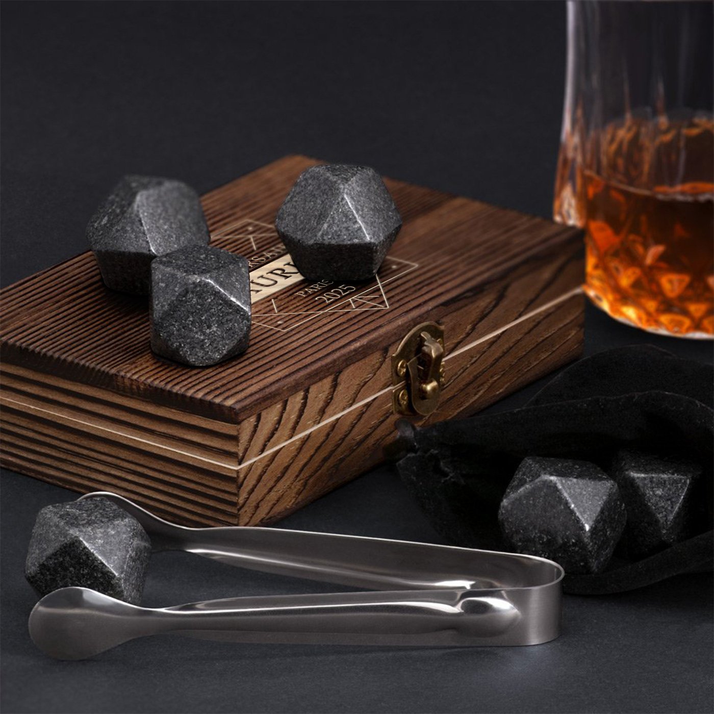 Murrano Whisky Stones Set in Wood Box with Engraving for a Young Man's 18th Birthday