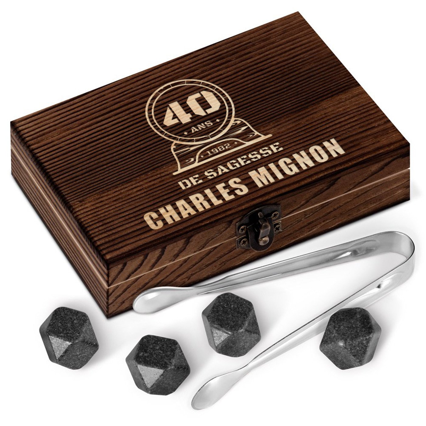 Murrano Whisky Stones Set in Personalized Wood Box for Men's 40th Birthday
