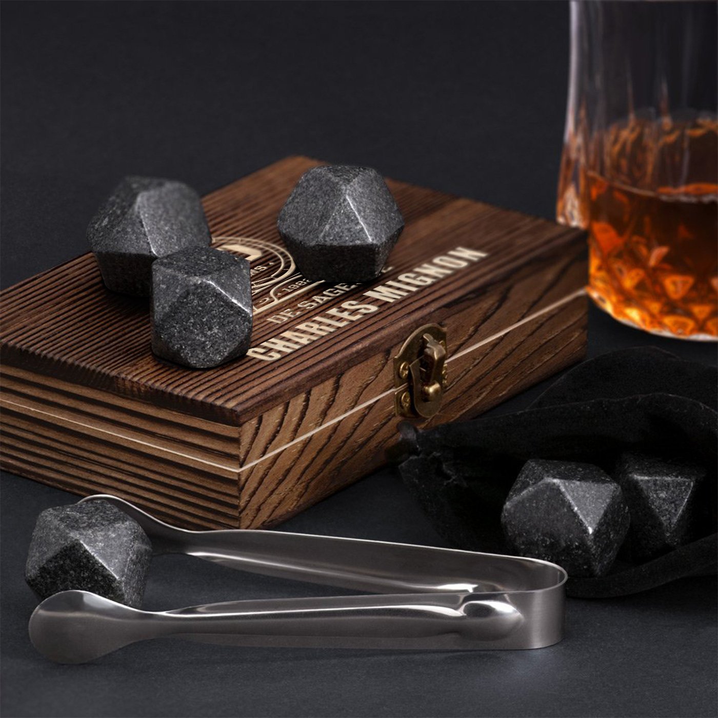 Murrano Whisky Stones Set in Personalized Wood Box for Men's 40th Birthday