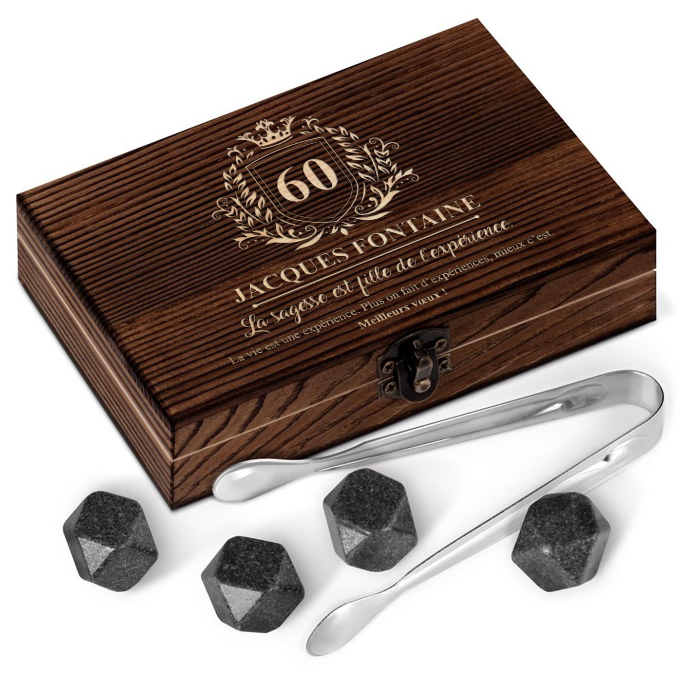 Murrano Whisky Stones Set in Wood Box with Engraving for Men's 60th Birthday