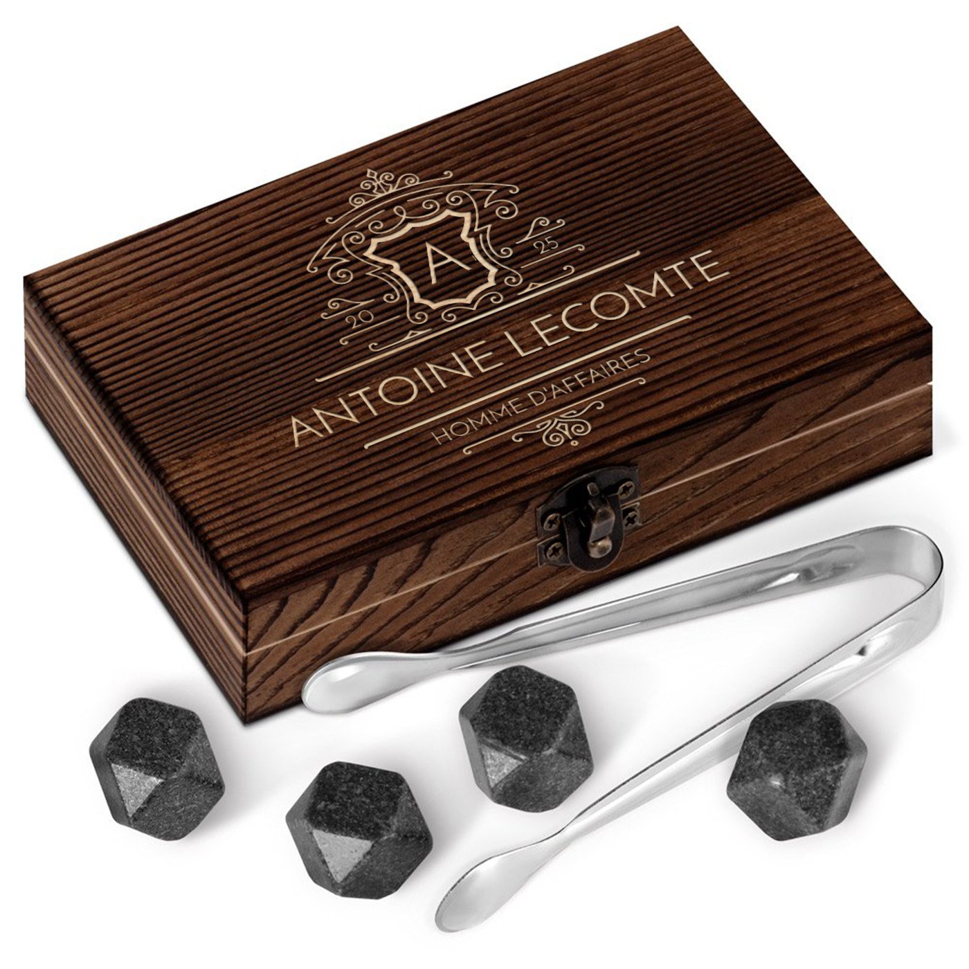 Murrano Whisky Stones Set in Wood Box with Engraving