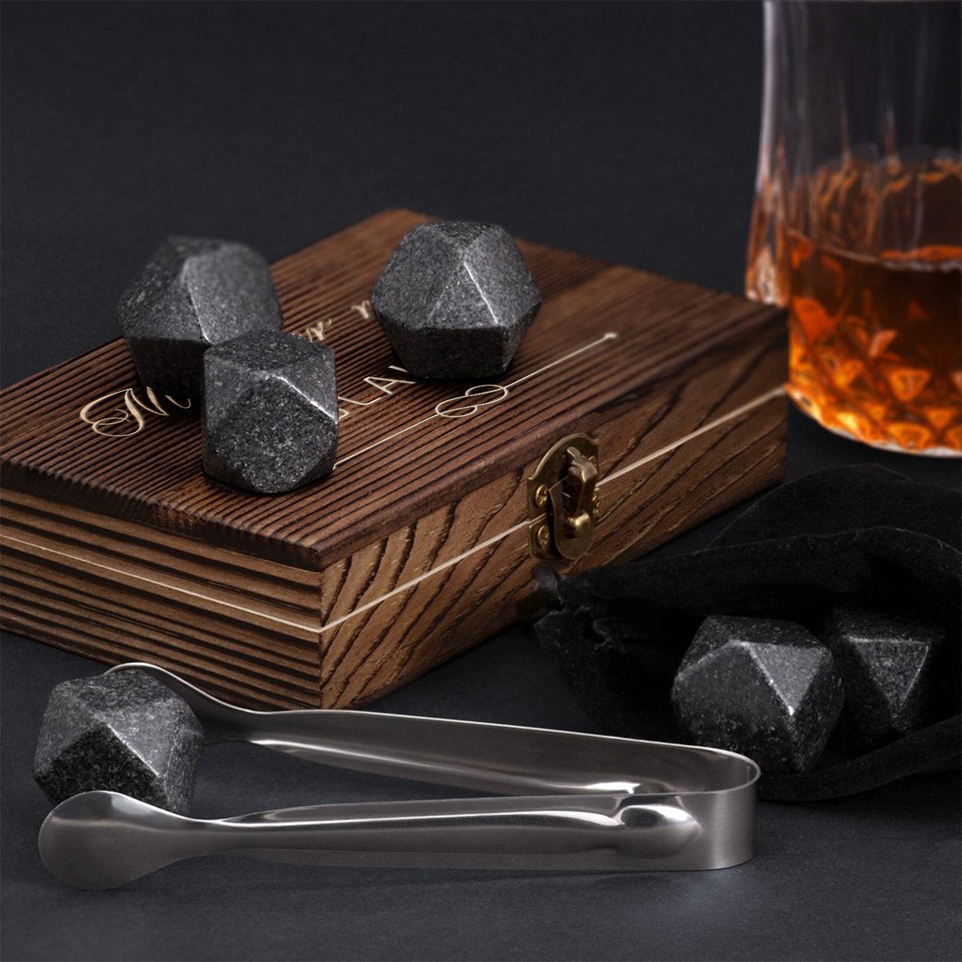 Murrano Whisky Stones Set in Custom Wood Box for Husband on Valentine's Day