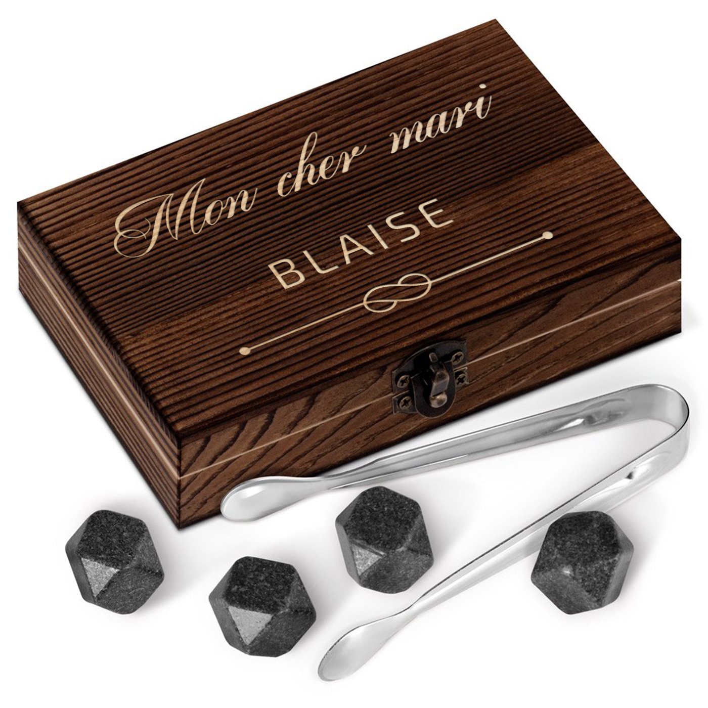 Murrano Whisky Stones Set in Custom Wood Box for Husband on Valentine's Day