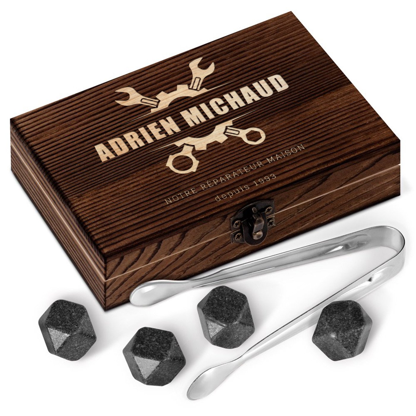 Murrano Whisky Stones Set in Wood Box with Engraving for Dad's Birthday