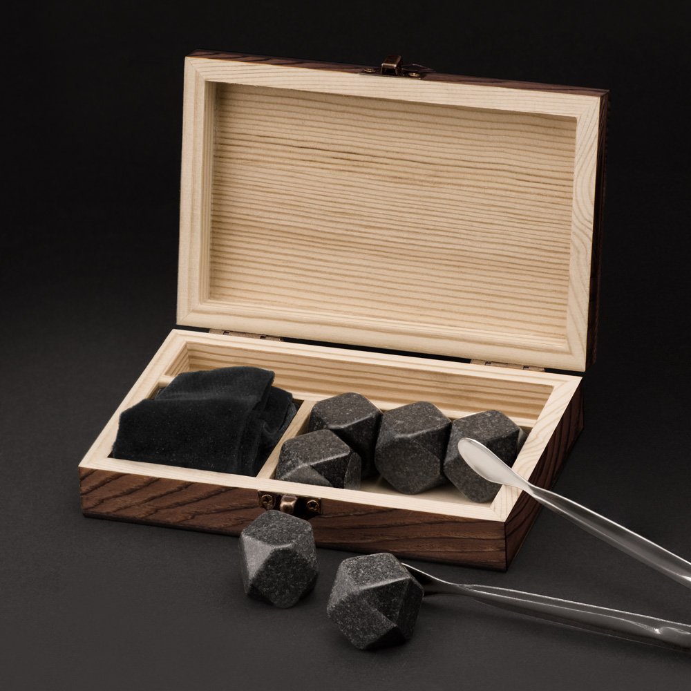 Murrano Whisky Stones Set in Customized Wooden Box for Him