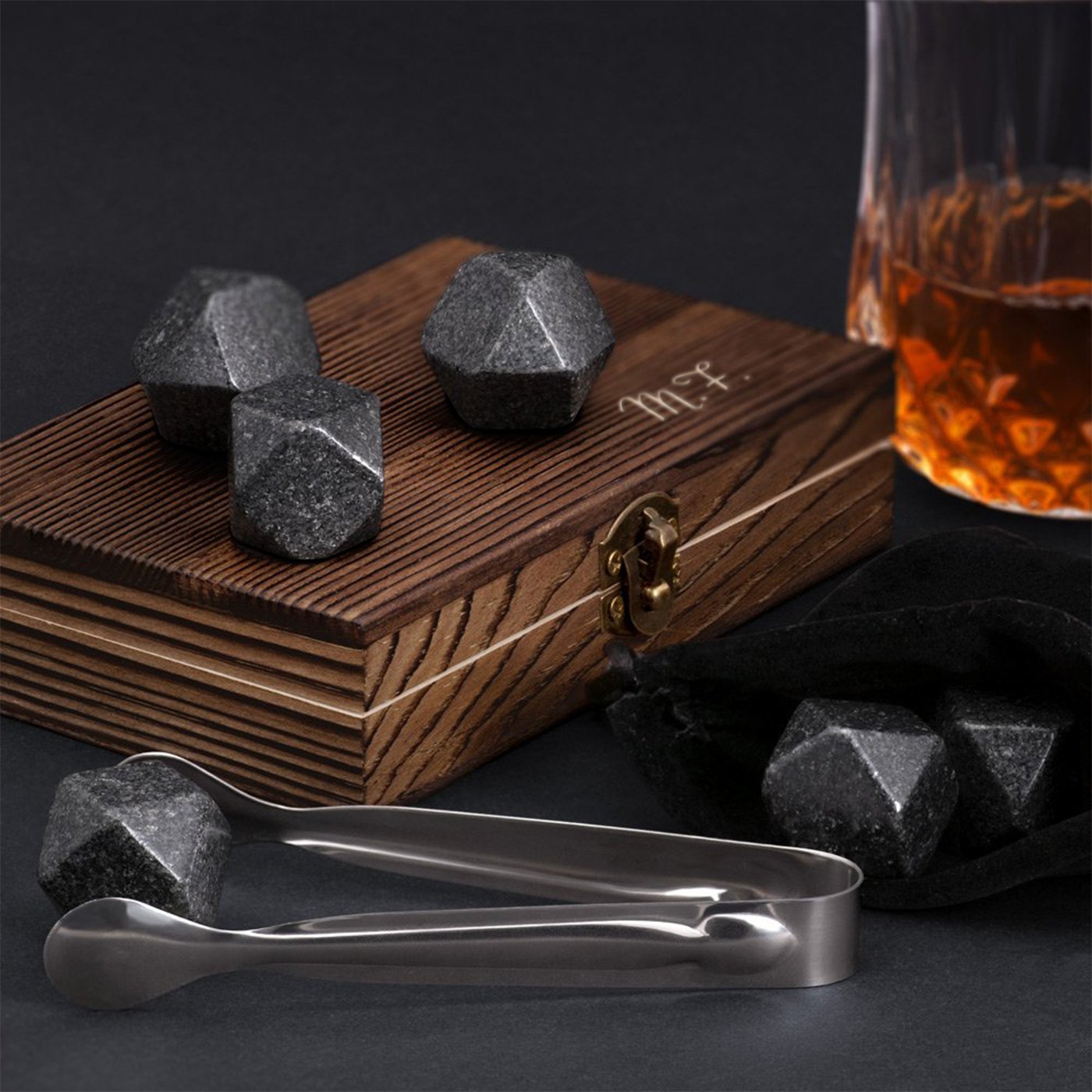 Murrano Whisky Stones Set in Customized Wooden Box for Him