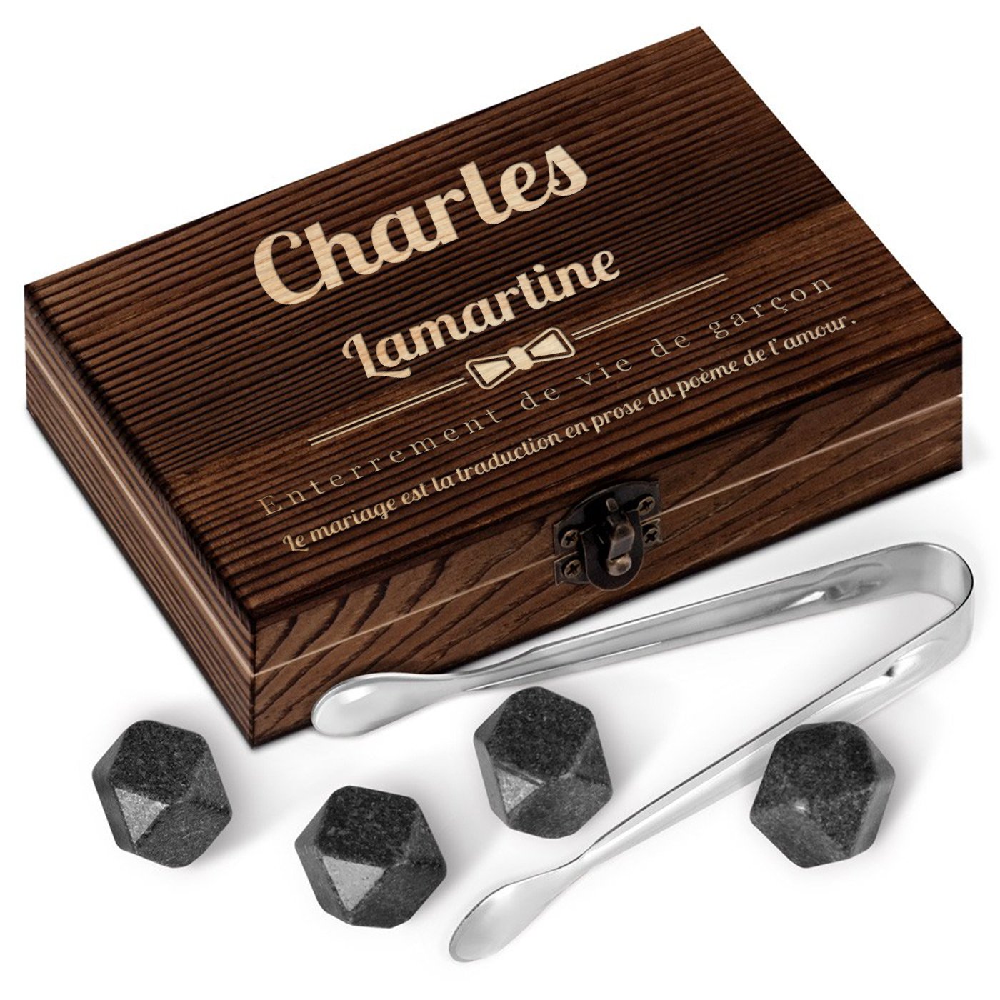 Murrano Whisky Stones in Wood Box with Engraving for a Best Man Gift