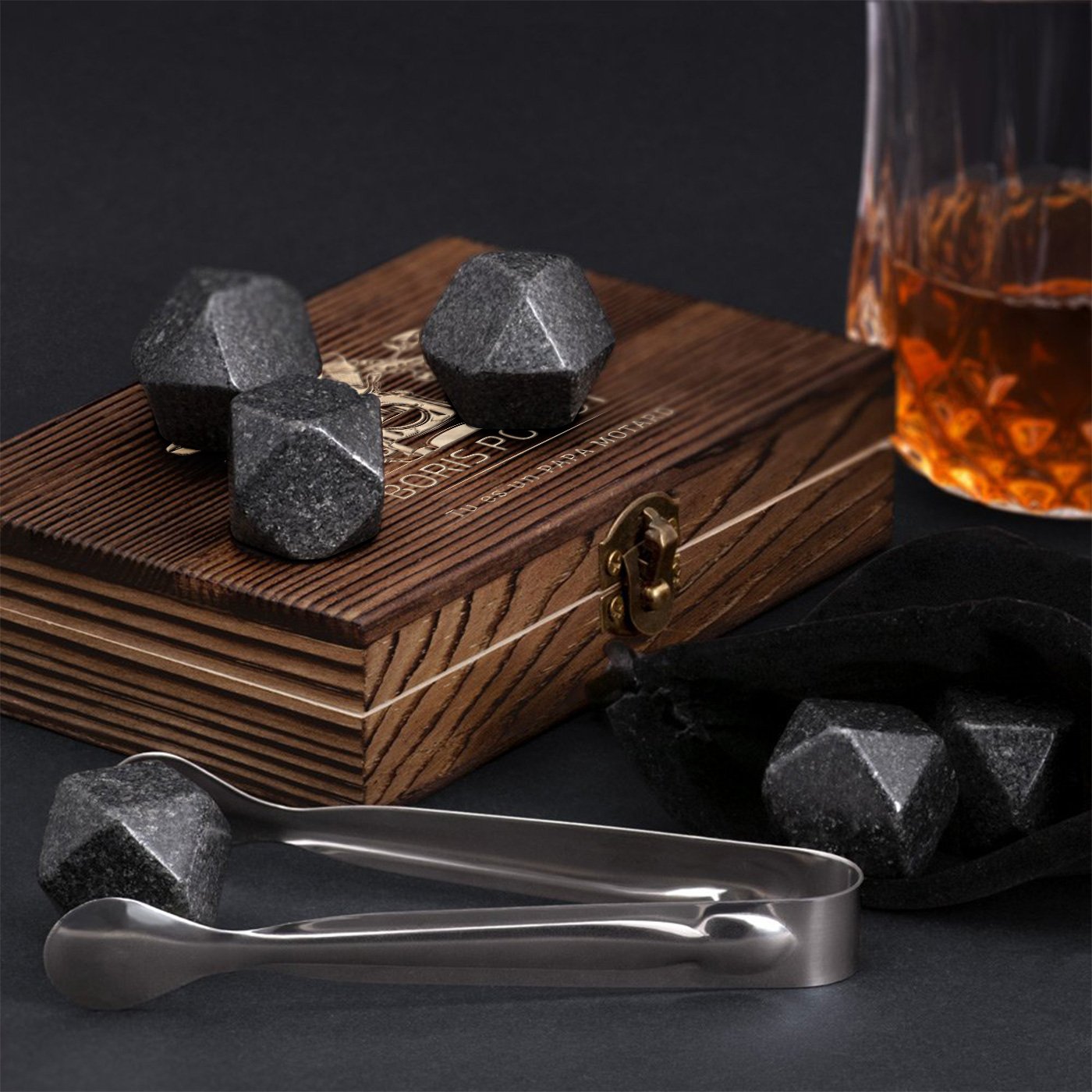 Murrano Whisky Stones Set in Customized Wooden Box for Dad's Wedding Anniversary