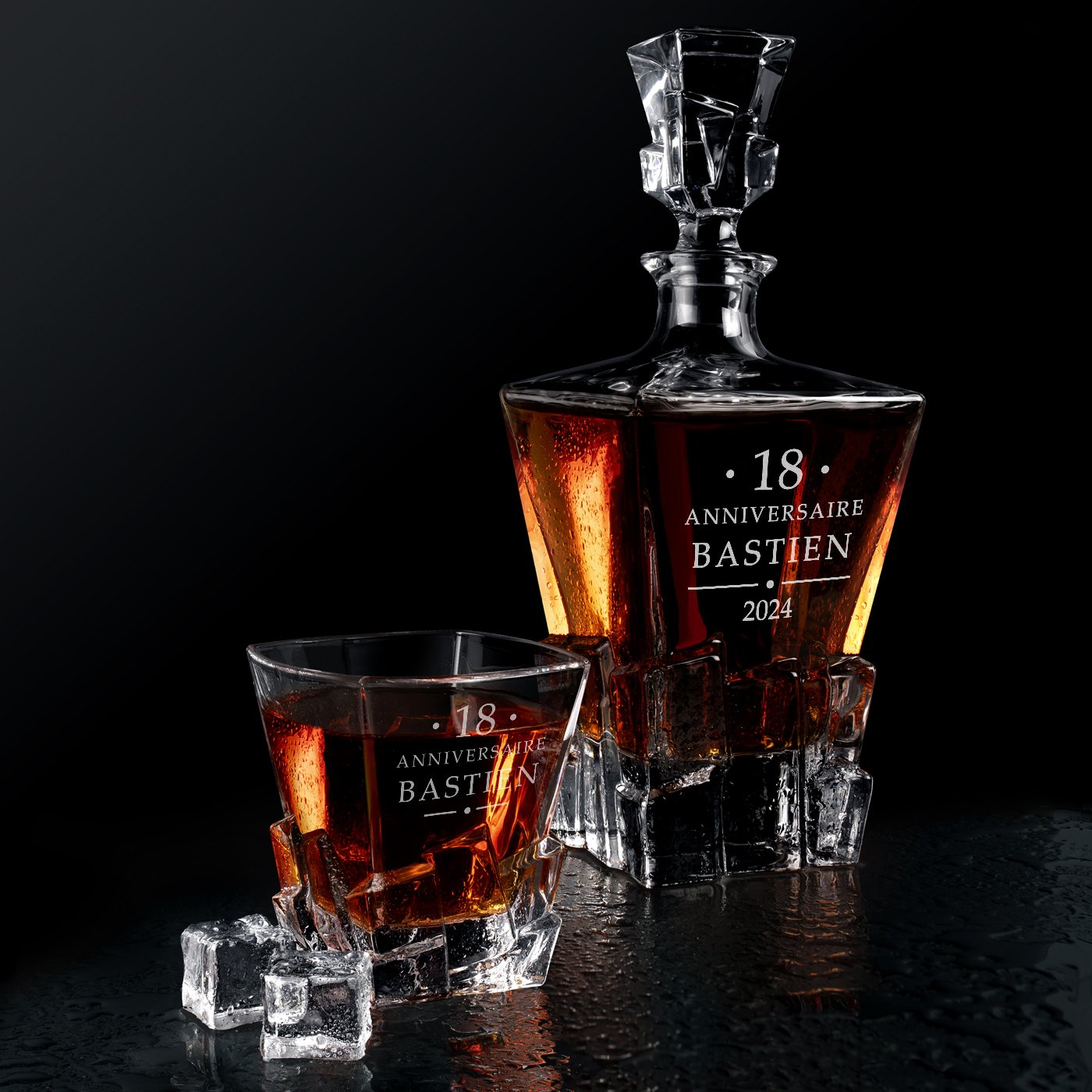 Set de cáfara y vasos de whisky Murrano con grabado láser