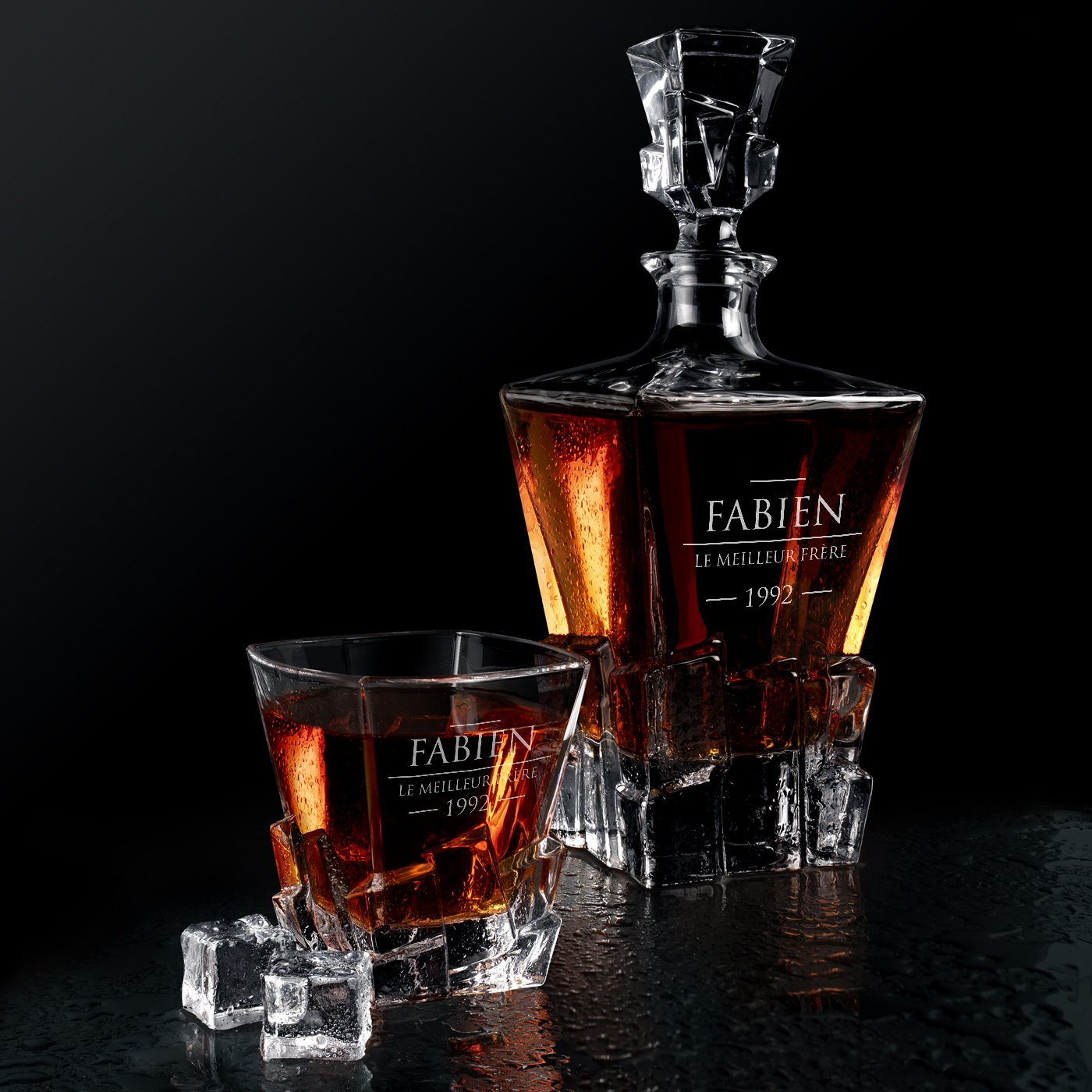 Conjunto de cáfara y vasos de whisky Murrano Ice Blink con grabado para cumpleaños hermano