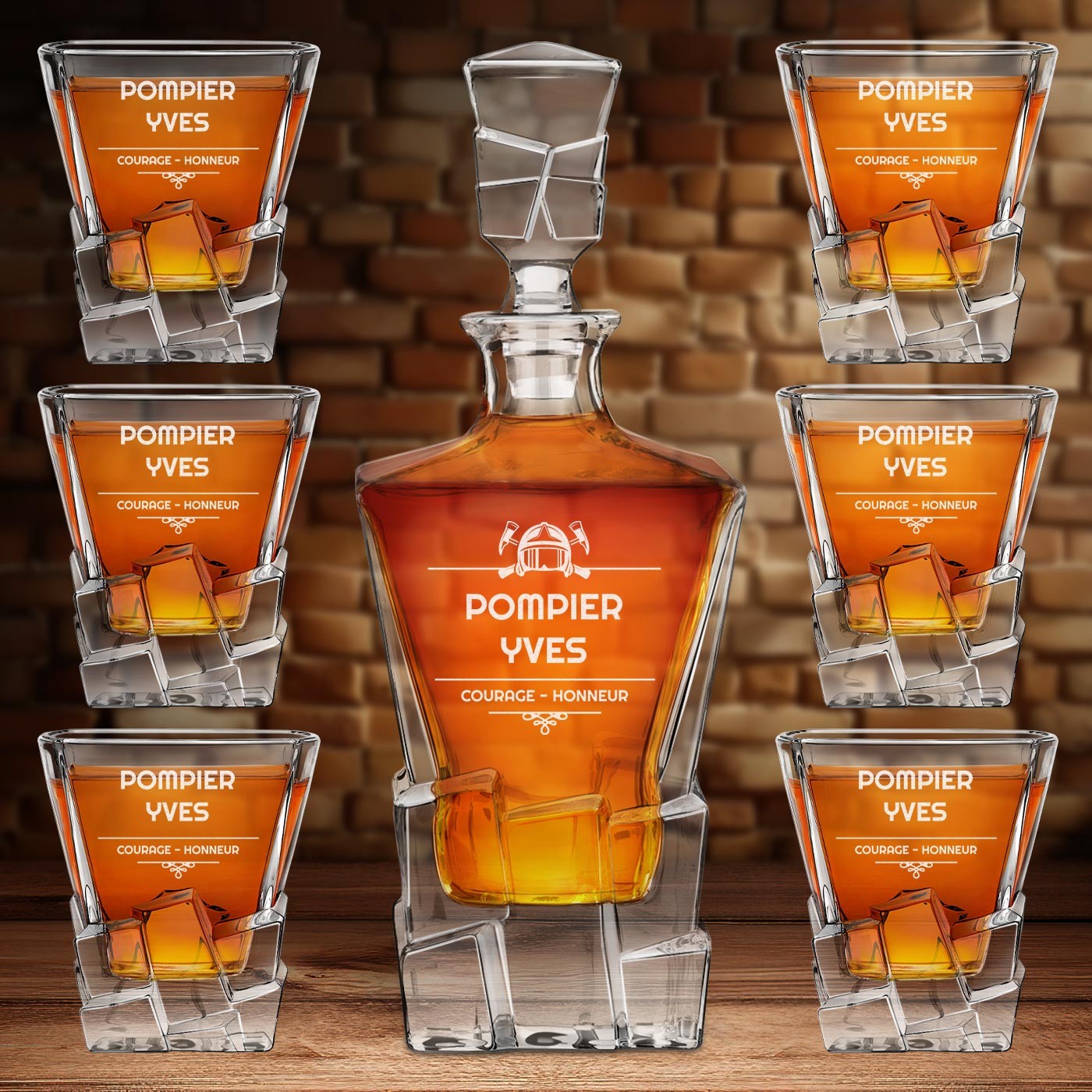 Set de whisky Murrano Ice Blink con 6 vasos y grabado láser para bombero