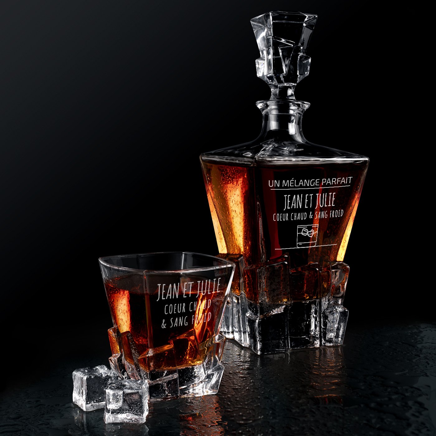 Decantador de whisky Ice Blink Murrano y 6 vasos con grabado láser