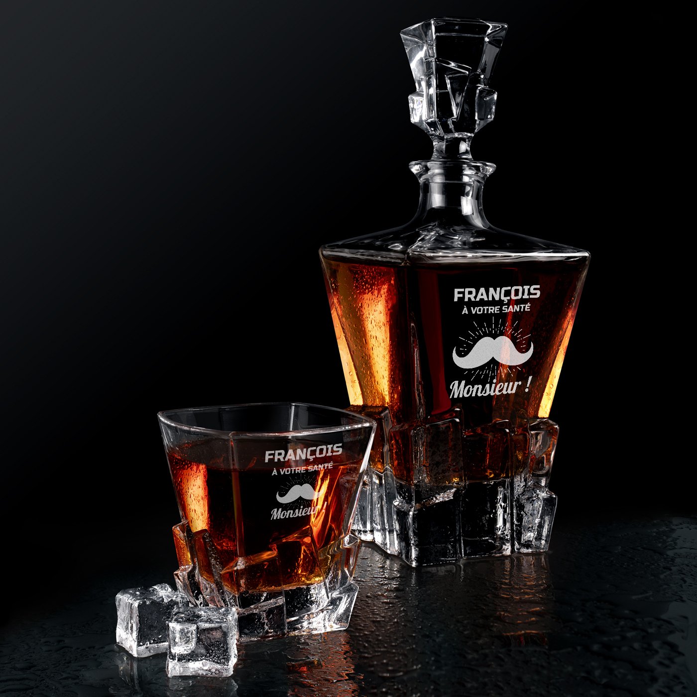 Decantador de whisky Ice Blink Murrano y 6 vasos con grabado