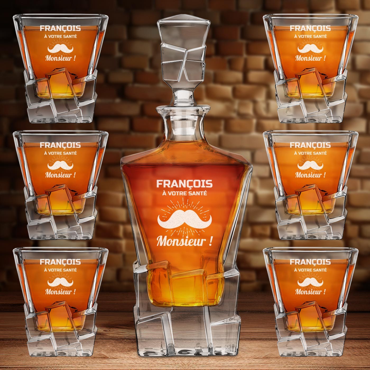 Decantador de whisky Ice Blink Murrano y 6 vasos con grabado