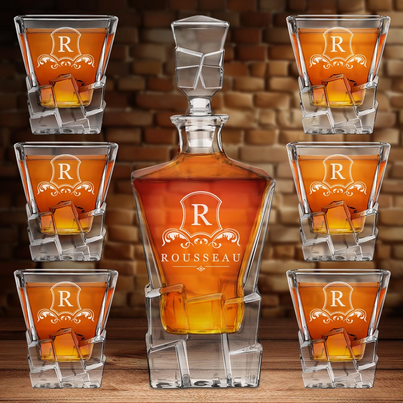 Set de whisky Ice Blink Murrano y 6 vasos con grabado láser para hombre