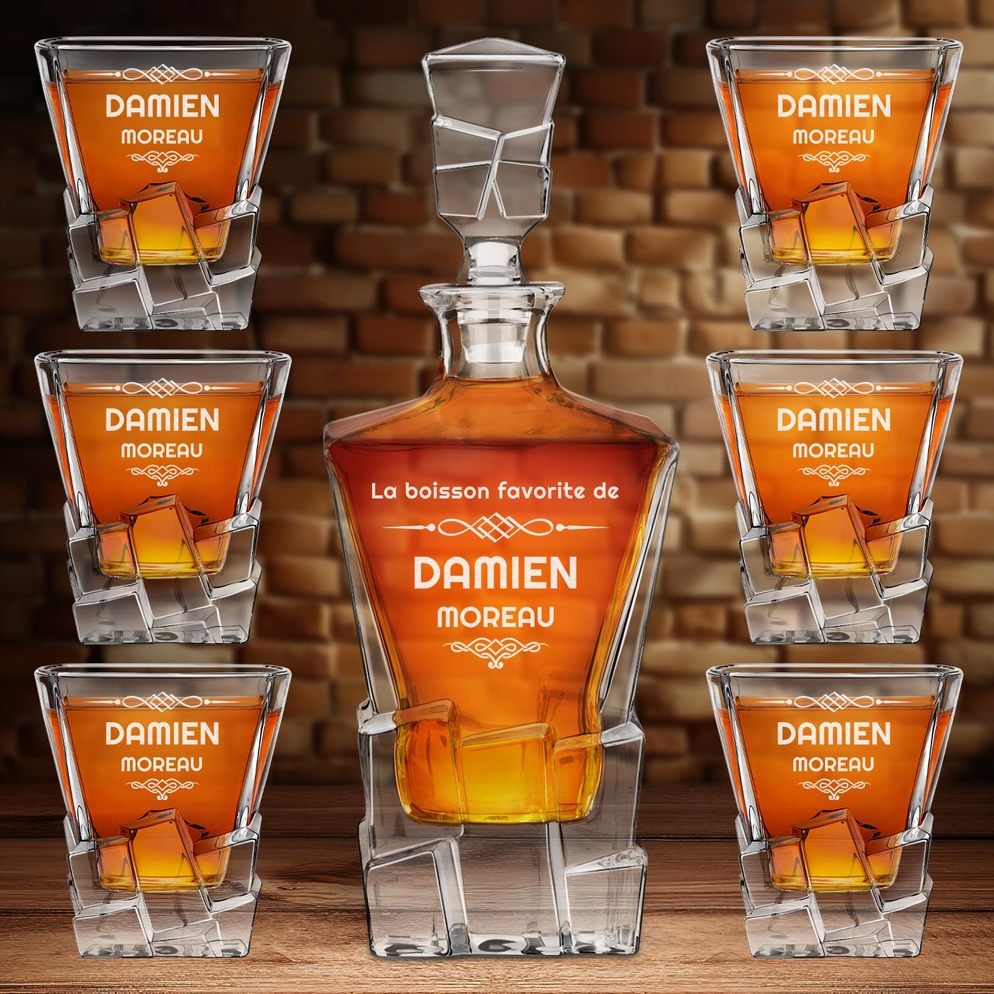 Botella de whisky Murrano Ice Blink y 6 vasos con grabado para el cumpleaños de un verdadero conocedor