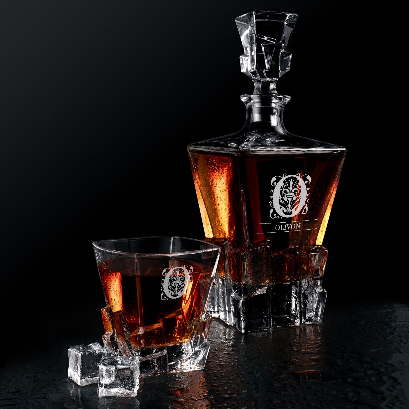 Set de whisky Murrano Ice Blink con 6 vasos grabados para él