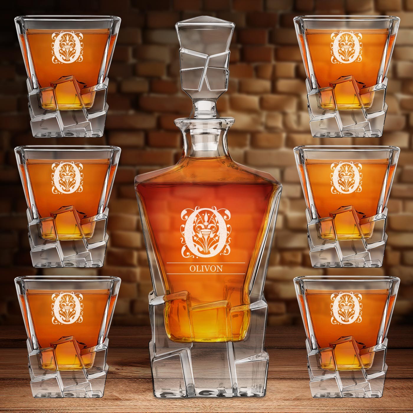 Set de whisky Murrano Ice Blink con 6 vasos grabados para él