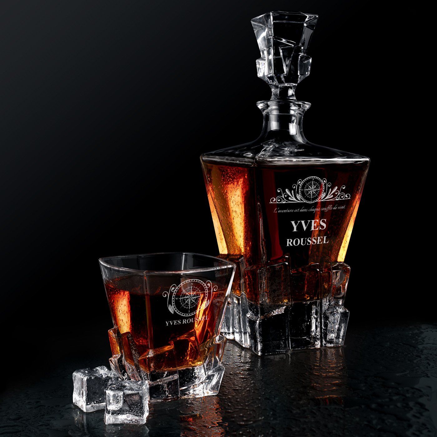 Set de whisky Murrano Ice Blink y 6 vasos con grabado láser para un marin