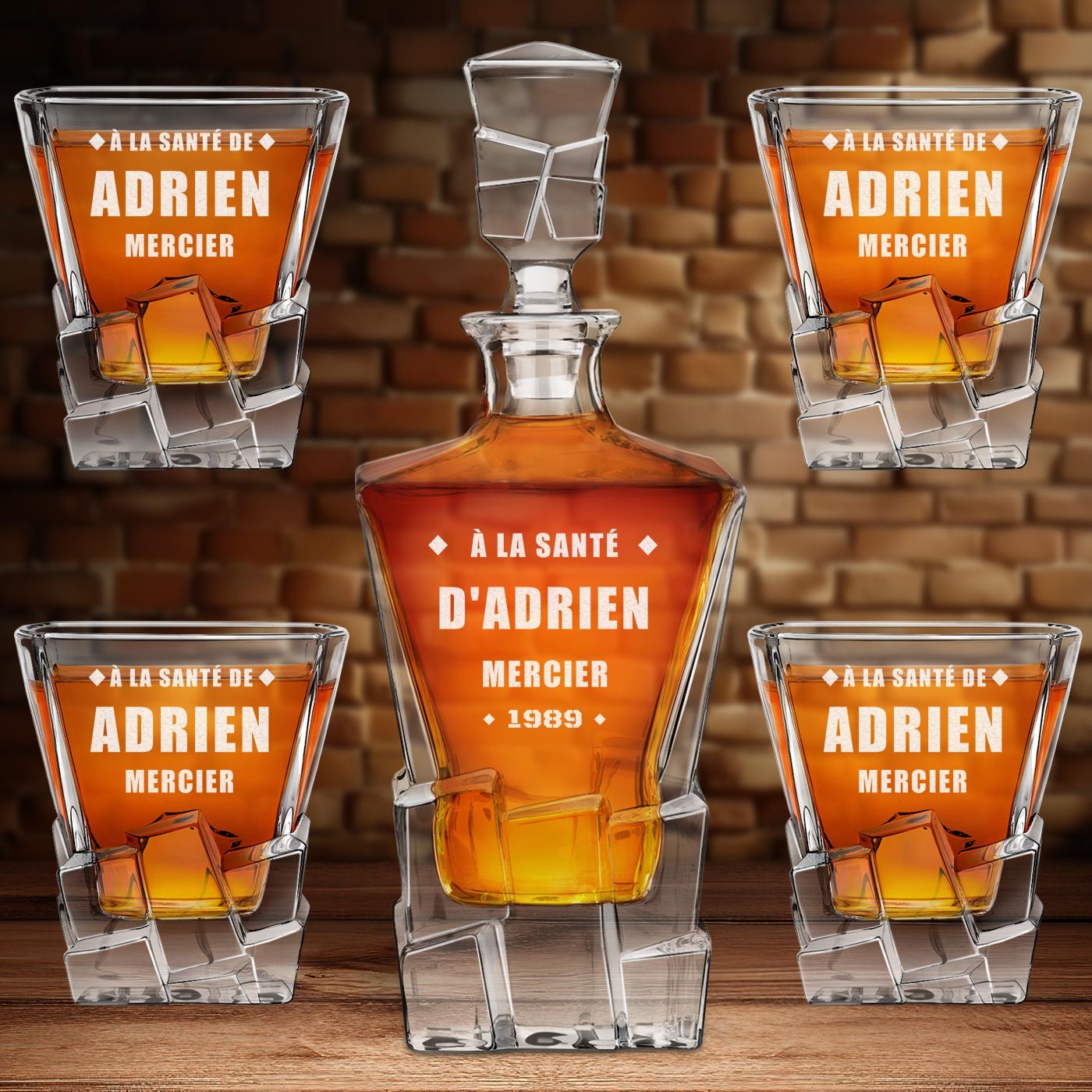 Carafe à whisky Murrano Ice Blink et 4 verres gravés au laser pour anniversaire homme