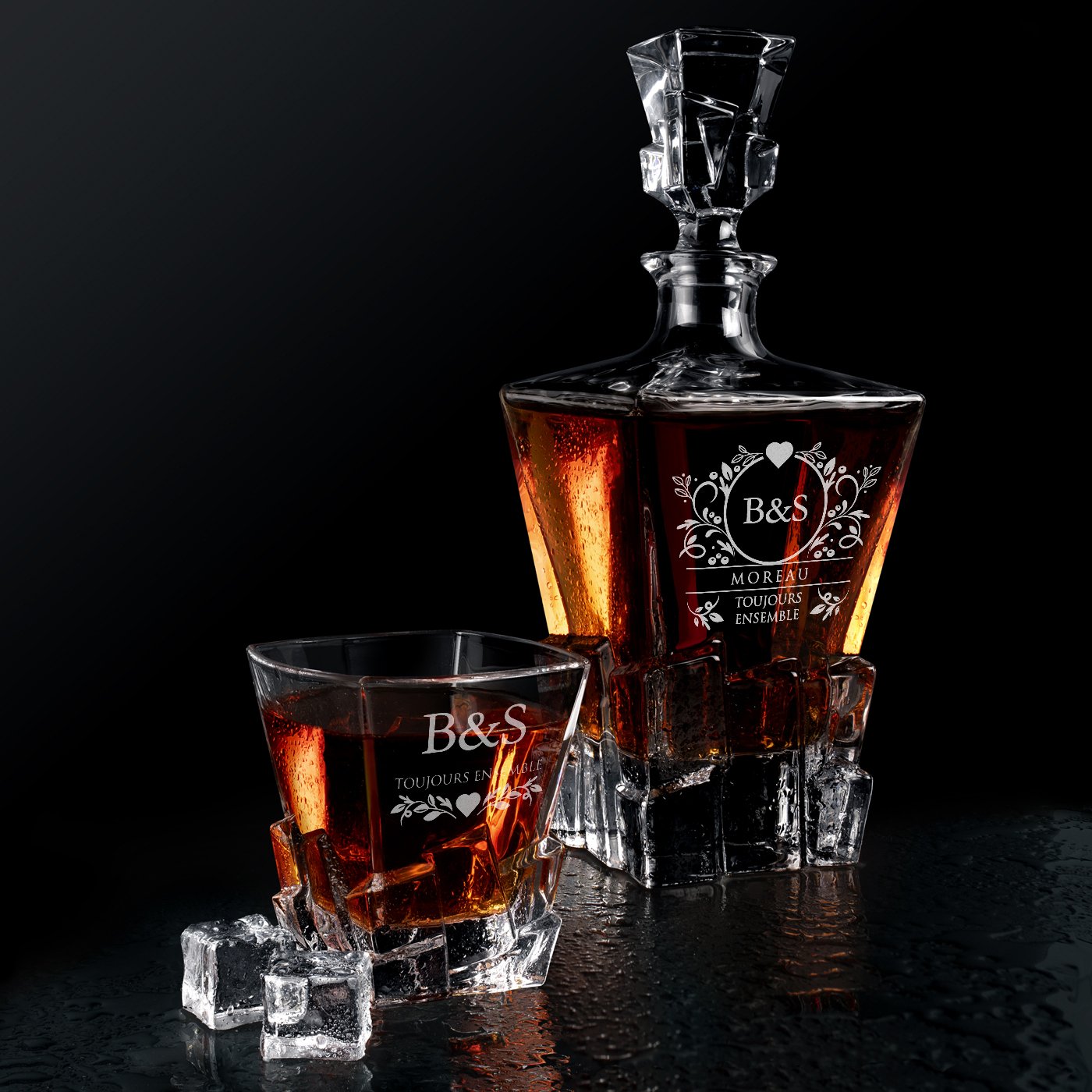 Carafe à whisky Ice Blink Murrano et 4 verres avec gravure pour couple