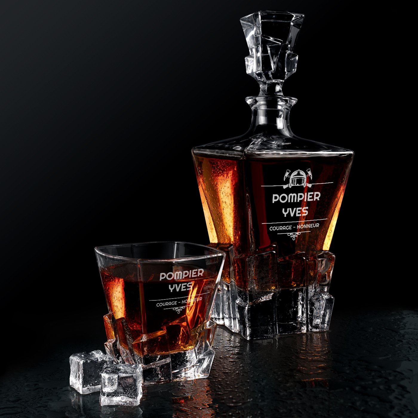 Set de whisky Murrano Ice Blink con 4 vasos y grabado para bombero