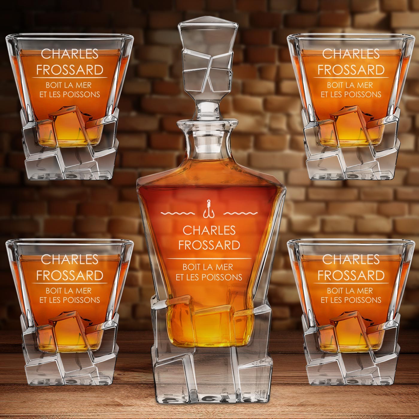 Set de cáfara y vasos de whisky Murrano con grabado láser para pescador