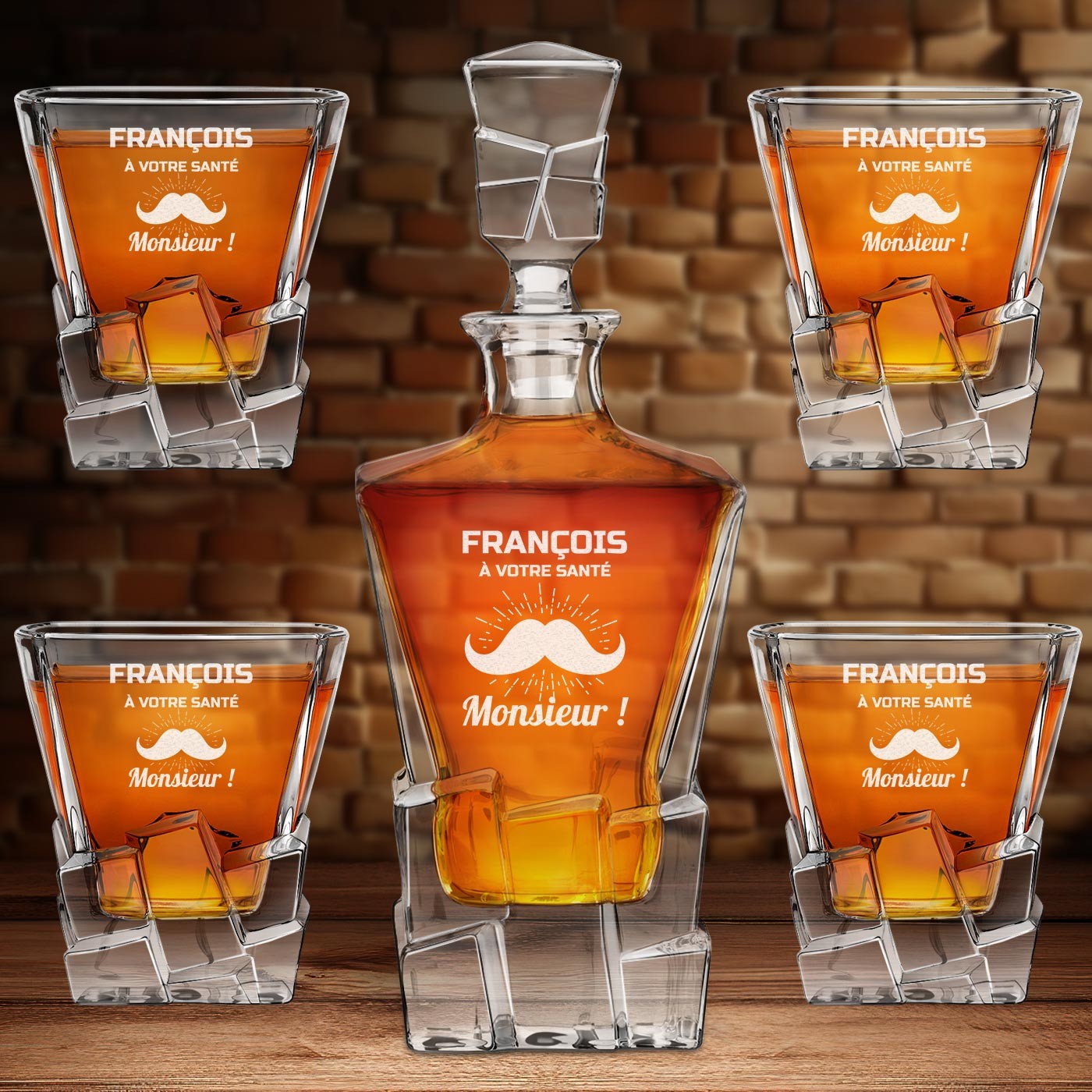 Decantador de whisky Ice Blink Murrano y 4 vasos con grabado