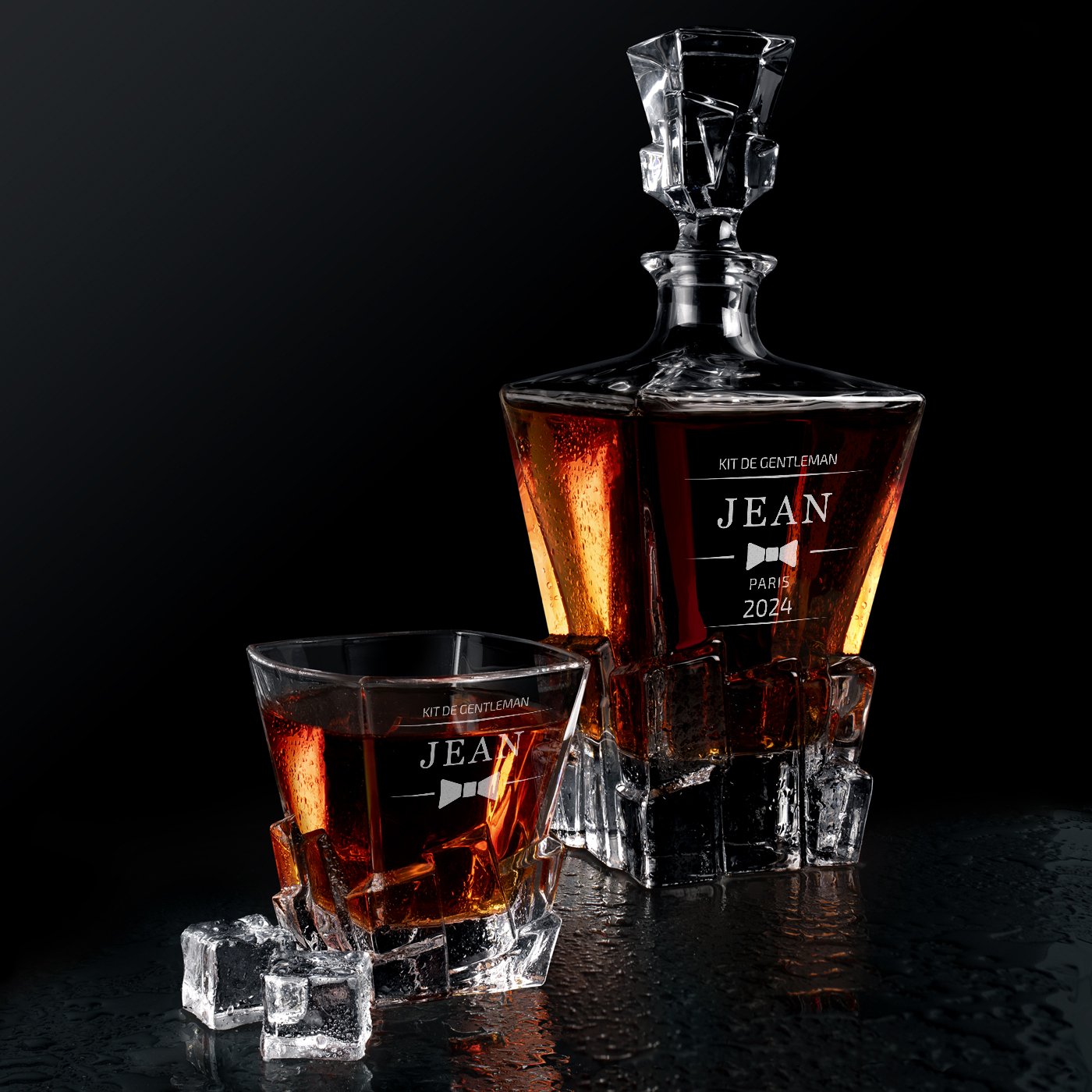 Murrano Whisky Ice Blink Decanter Set with Laser Engraved Glasses