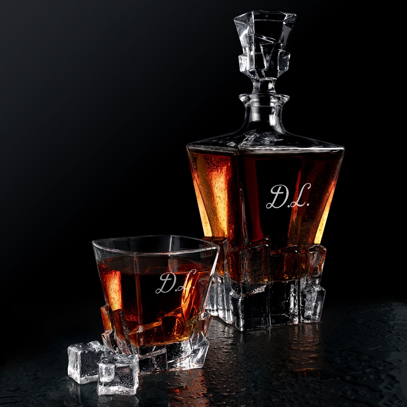 Carafe à whisky Murrano Ice Blink et 4 verres avec gravure pour homme