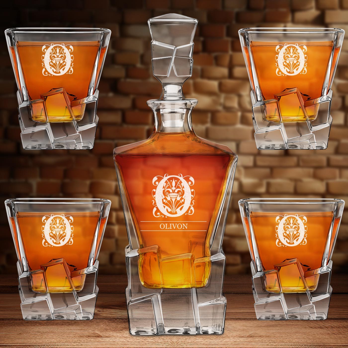 Set de decantador de whisky Murrano Ice Blink con 4 vasos grabados