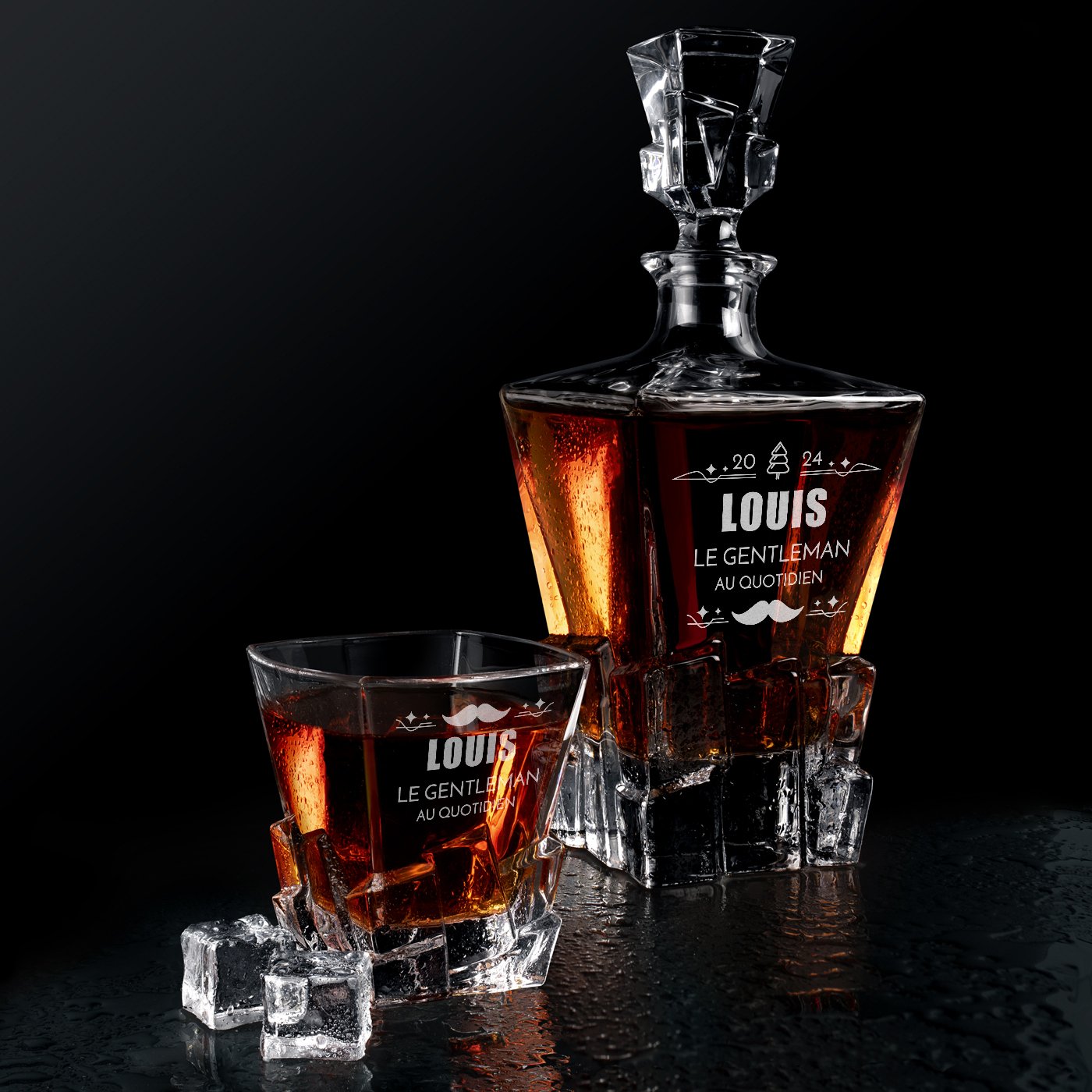 Carafa de whisky Murrano Ice Blink con 2 vasos y grabado láser para hombre, regalo de Navidad