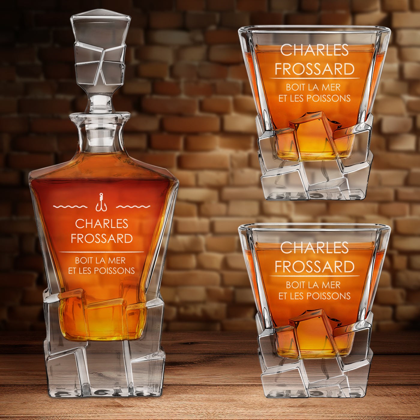 Carafa de whisky Murrano Ice Blink con 2 vasos y grabado para pescador