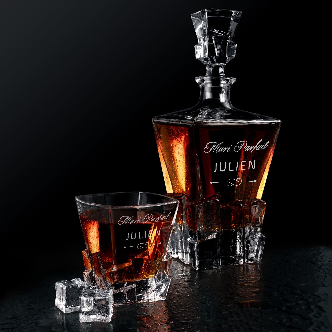 Cono de whisky Murrano Ice Blink con 2 vasos y grabación láser para marido