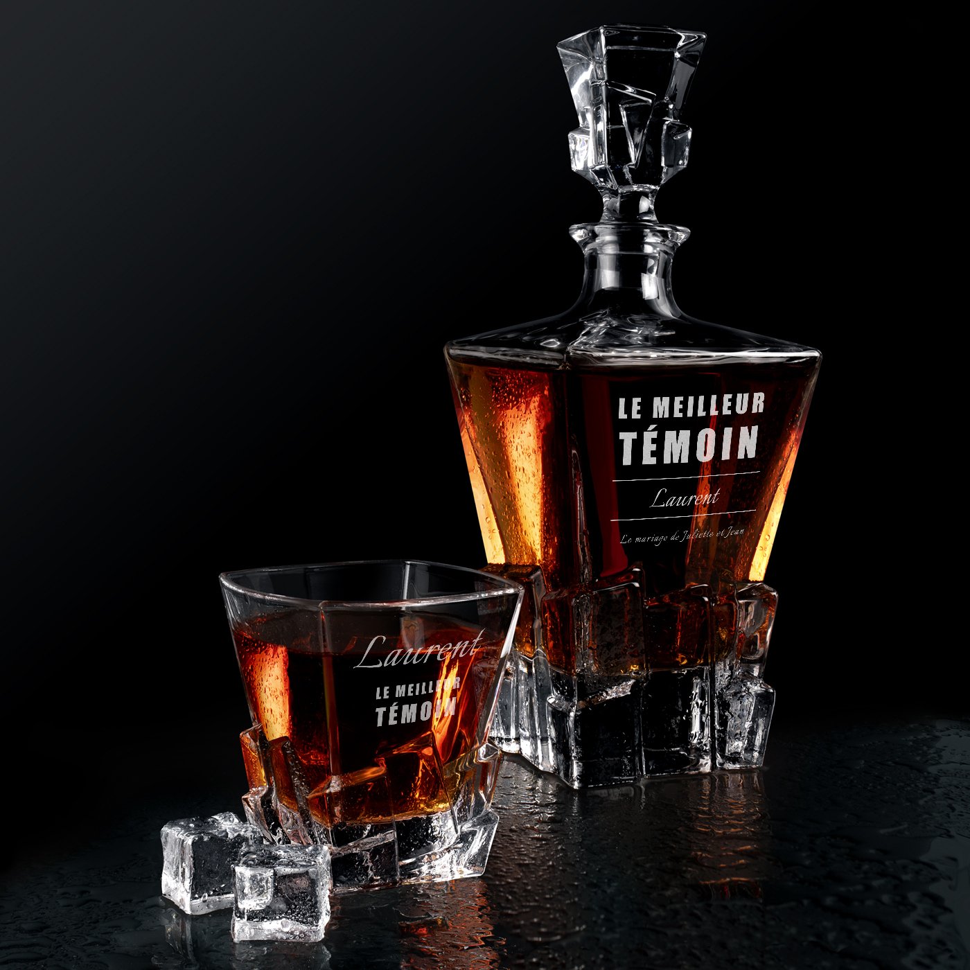 Set deWhisky Ice Blink Murrano y 2 vasos con grabación para testigo de boda