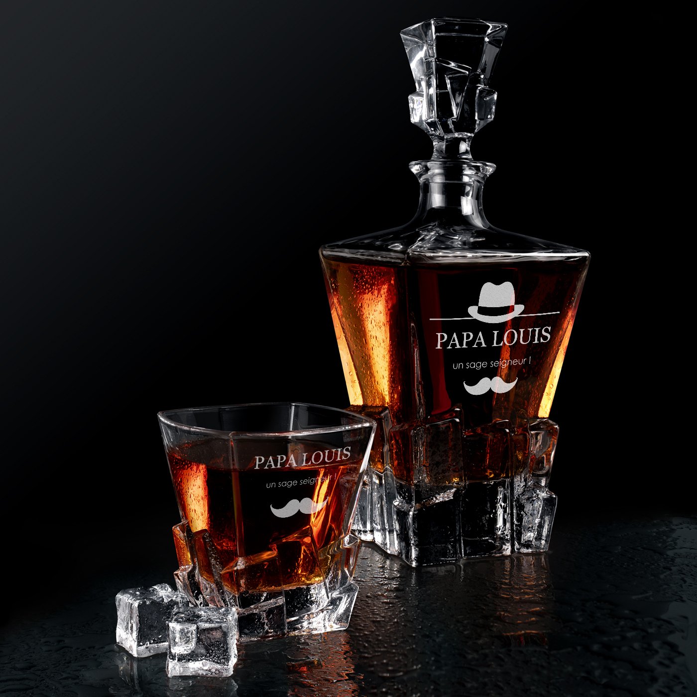Set de whisky Murrano Ice Blink y 2 vasos con grabado para papá