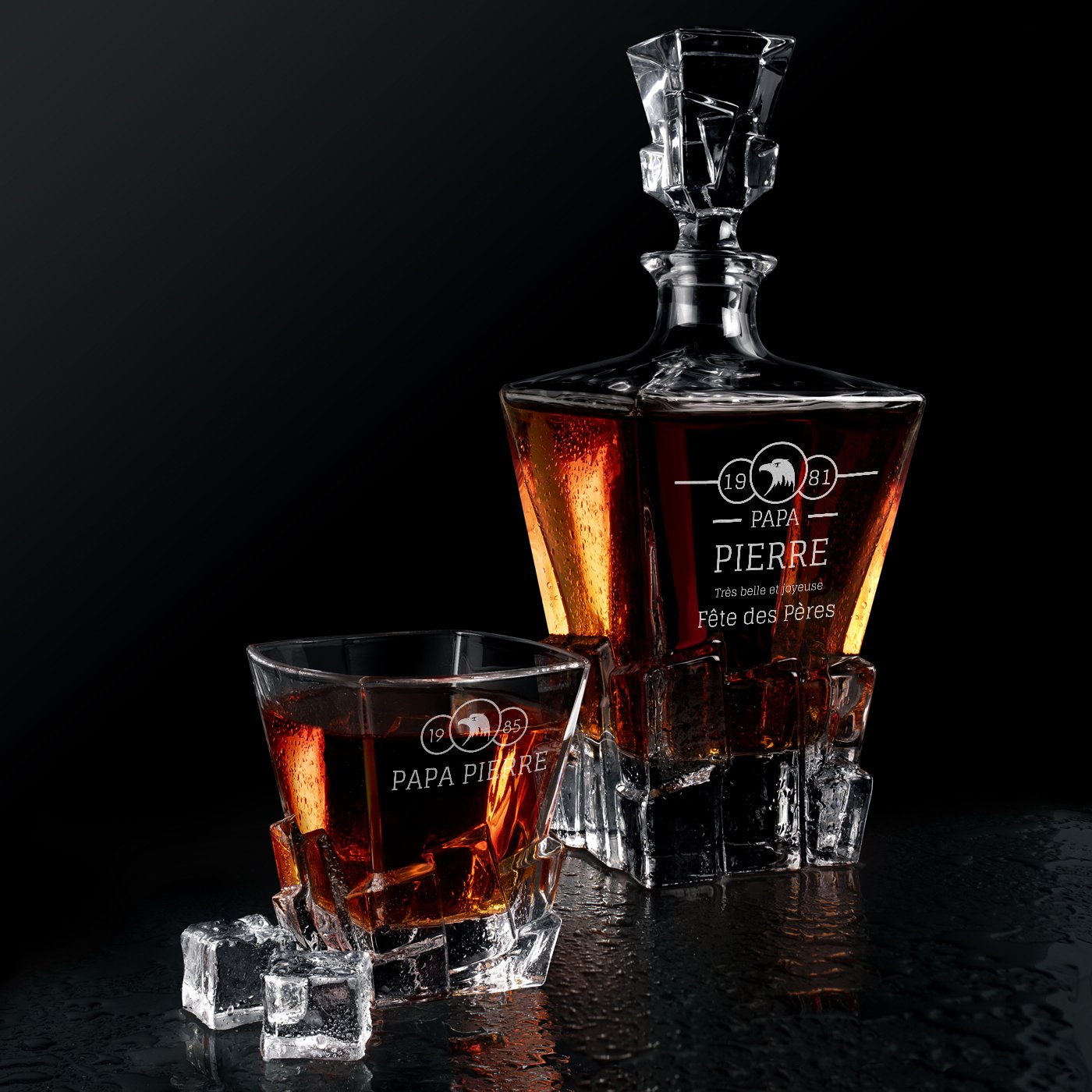 Colección de decantador de whisky Murrano Ice Blink con 2 vasos y grabado para el Día del Padre