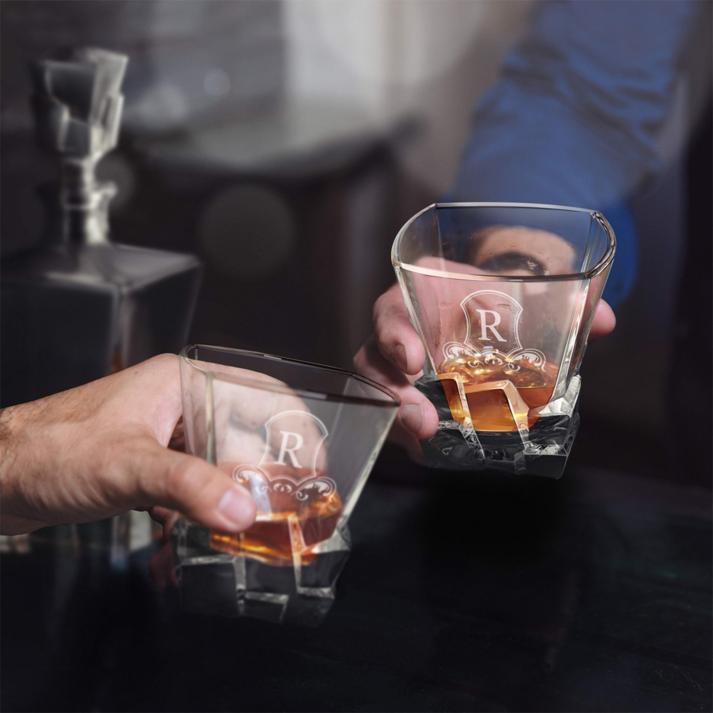 Carafa de whisky Murrano Ice Blink y 2 vasos con grabado láser para hombre